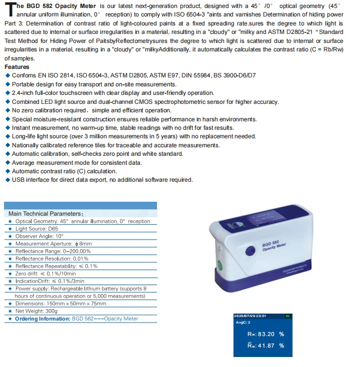 Opacity Meter BGD582 Intelligent Reflectometer  with a 45 /0 optical geometry  to comply with ISO 6504-3