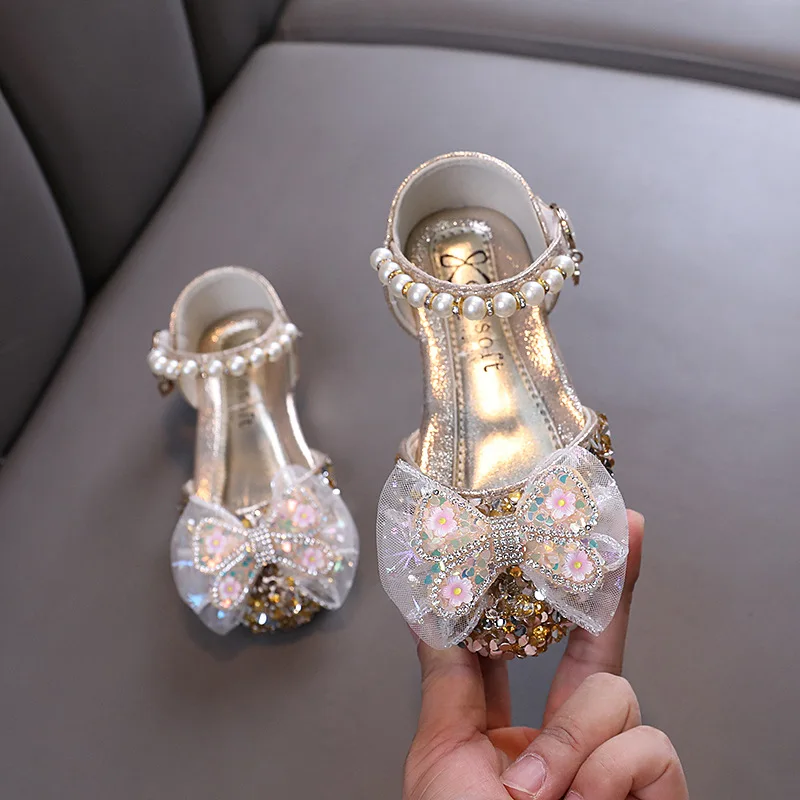 

Summer Girls Sandals New Fashion Sequins Bow Rhinestone Pearl Princess Shoes Non-slip Flat Sandals Fashion Kids Sandals J319