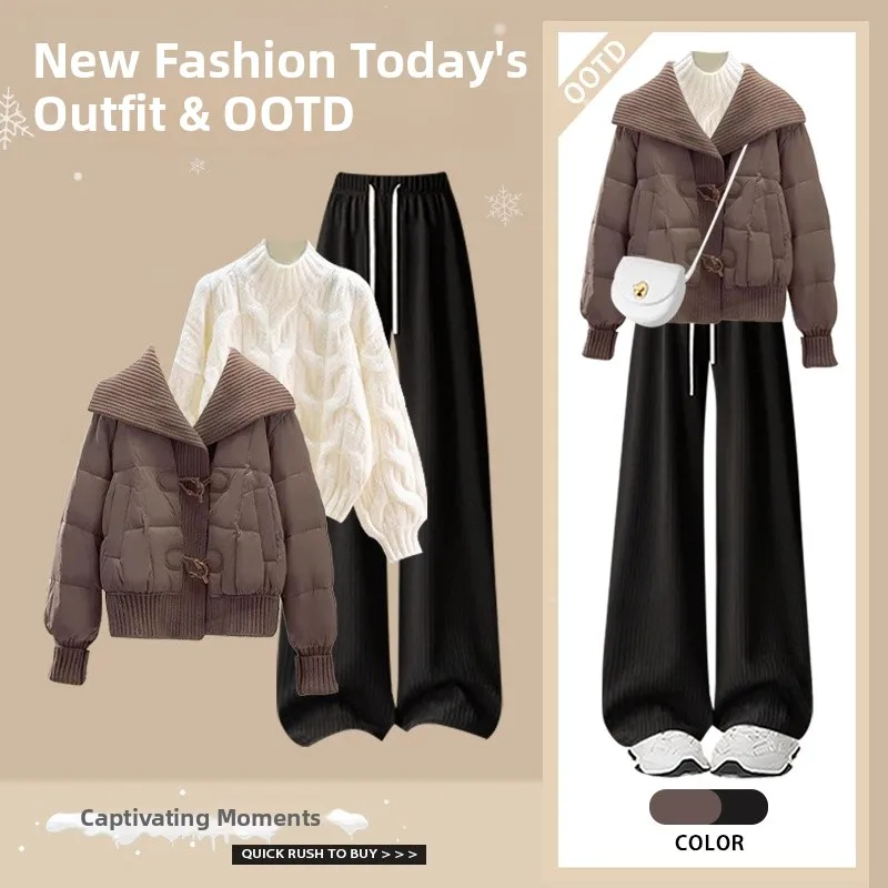 

Fashionable Knitted Sweater Set Women's High Waist Cotton Jacket Casual Pants Three Piece Set Autumn Winter New Arrival