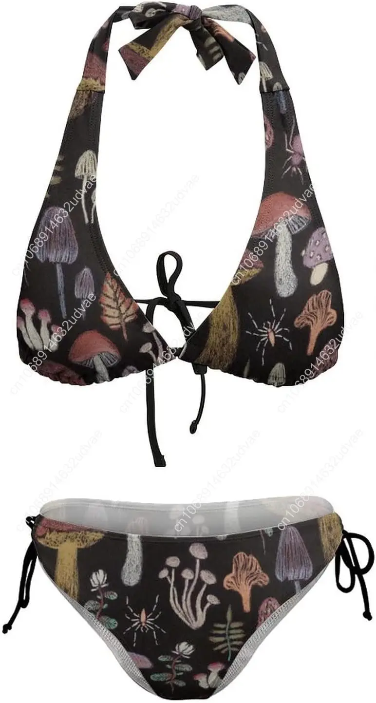 Women Mushroom Print Halter Triangle Tie Side Bikini Set Two Piece Swimsuit