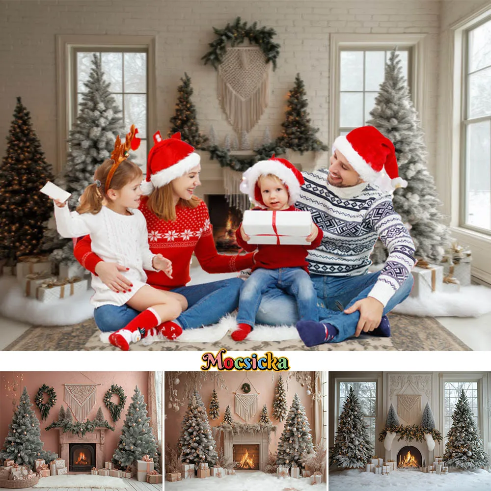 

Mocsicka Christmas Photography Background White and Pink Wall Fireplace Xmas Tree Winter Indoor Family Portrait Photo Backdrops