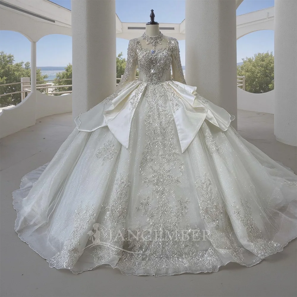 

New Arrivals Square Collar Long Sleeve Lace Up Back Pleat Organza Wedding Dresses Customized Ball Gown vestidos de novia boda