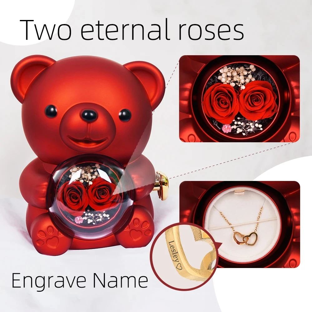 Caja de regalo de joyería de oso de peluche doble preservado Real con collar con colgante grabado personalizado, regalo de madre del Día de San Valentín para ella