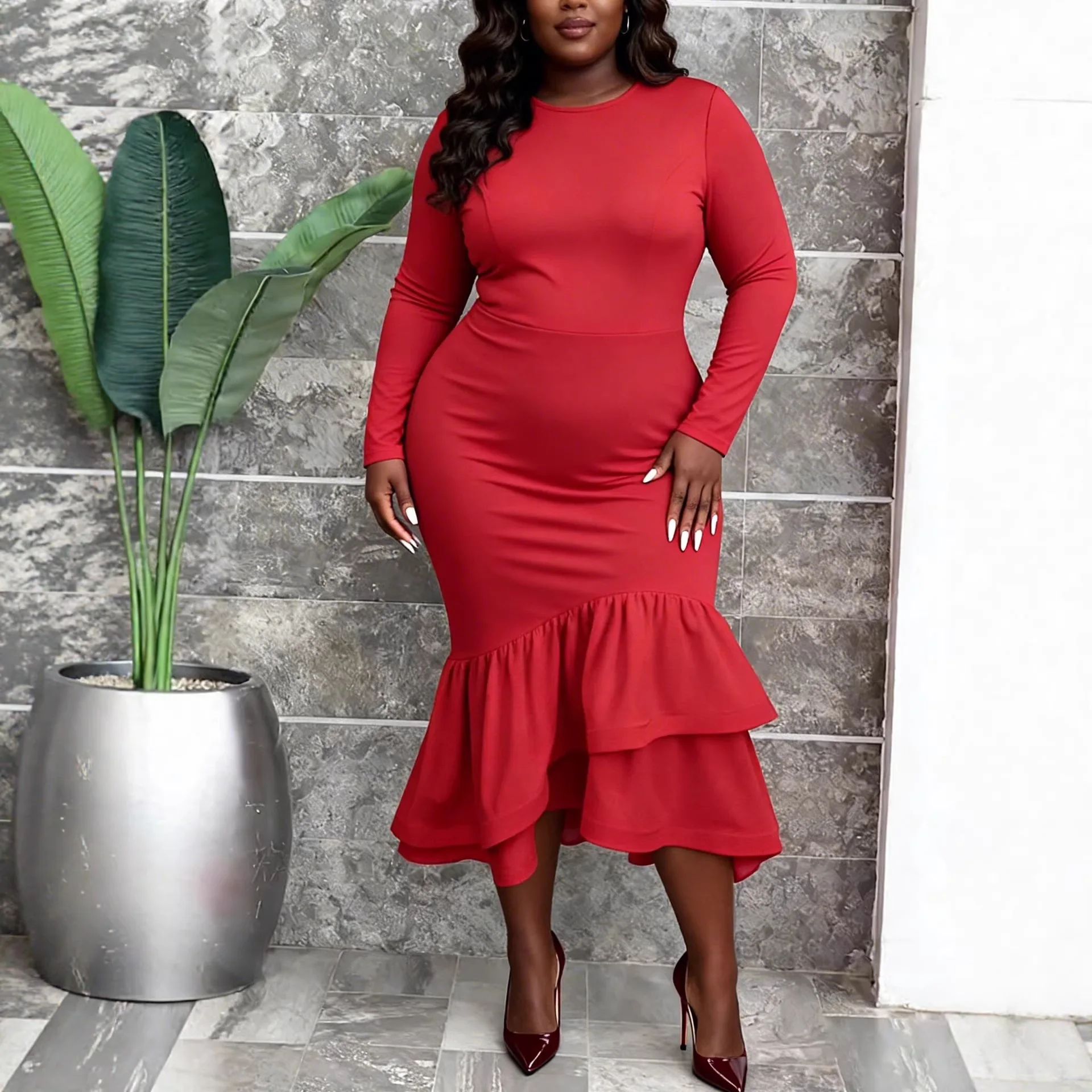 

Elegant Church African Dresses Long Sleeves Mermaid Ruffles for Women Office Ladies Work Business Party Fashion Autumn 2025 New