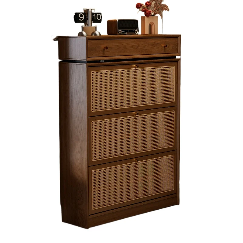 Ultra-thin tipping bucket shoe cabinet, rattan solid wood home door indoor creative new entry porch small shoe rack