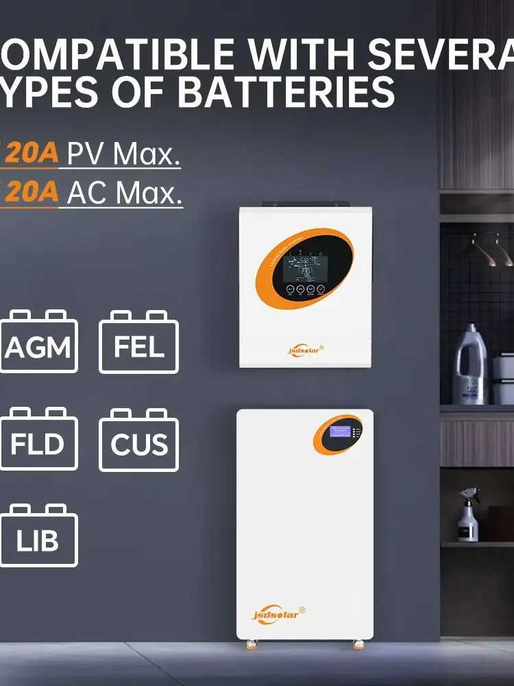 Jsdsolar 6.5KW Hybrydowy Inwerter Solarny Off Grid Czysta Sinusoida WiFi Inwerter 48V 230V Wyjście z Ładowarką Solarną MPPT 120A — 2
