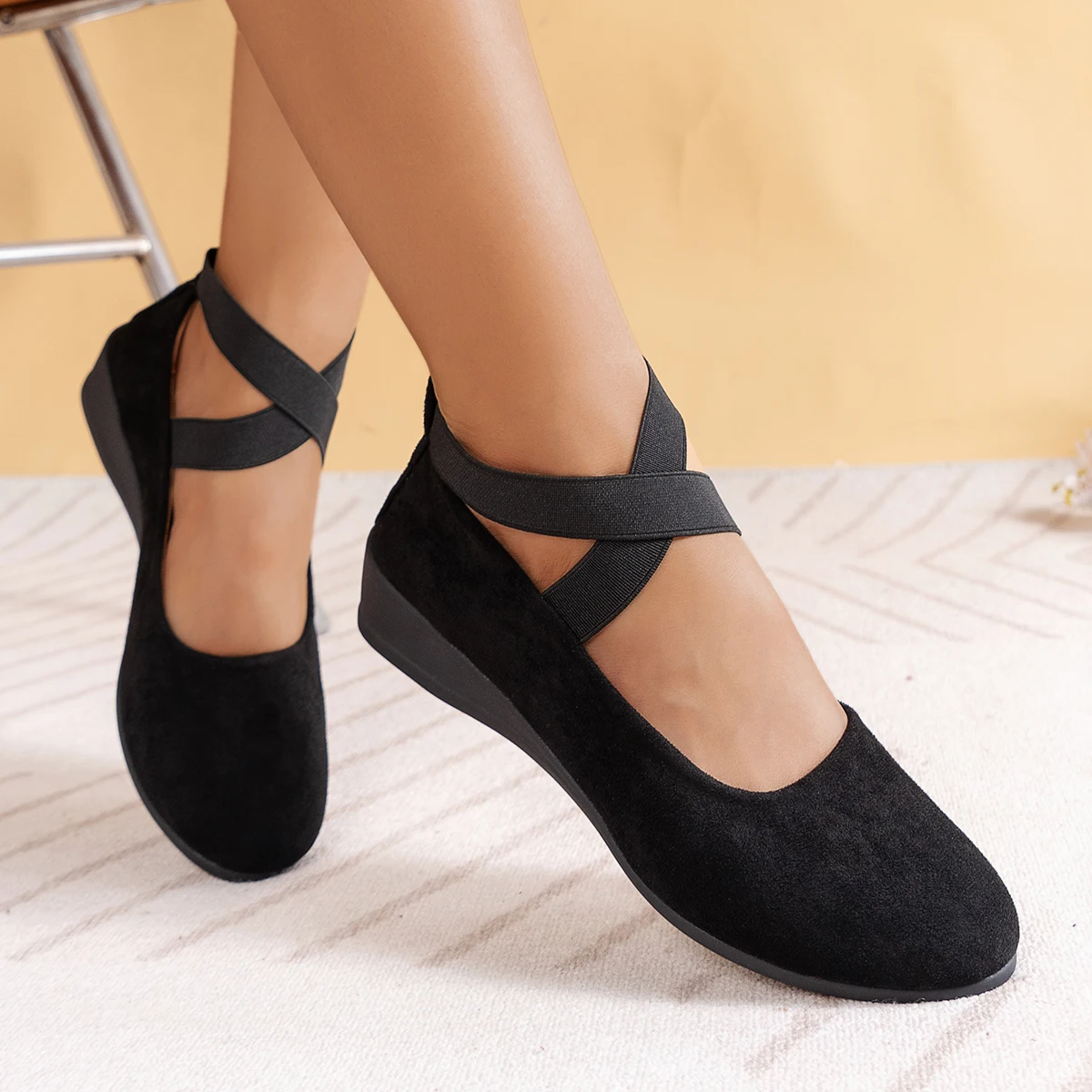 

Low-heel wedge single shoes, ballet-style cross-strap black versatile fashion women's shoes