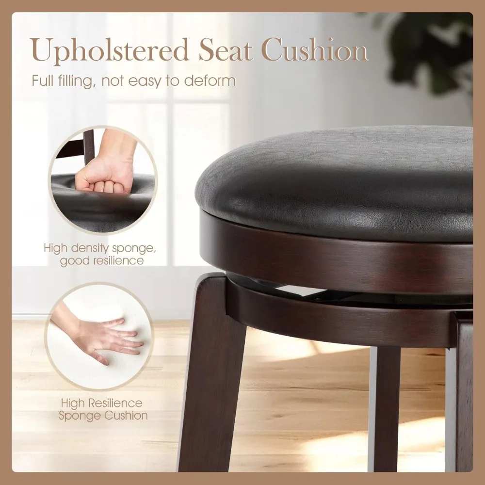 โซฟาและวิลเลียม เก้าอี้บาร์หมุนได้ ชุด 2 ตัว เก้าอี้บาร์ทรงสูงพร้อมพนักพิงและขาไม้เนื้อแข็ง หุ้มหนังเทียมสีน้ำตาล สำหรับห้องครัว