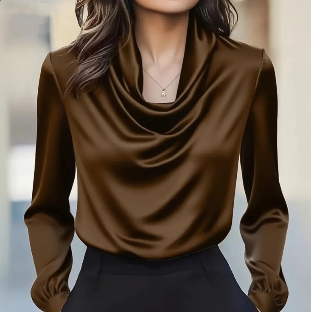 Autumn fashion elegant temperament solid colour simple swing collar long-sleeved shirt women