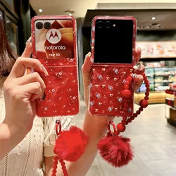 Red Flowers Phone Case For Motorola Moto Razr 50 Ultra Bracelet Hairball PC Hard Shell Protective Back Cover