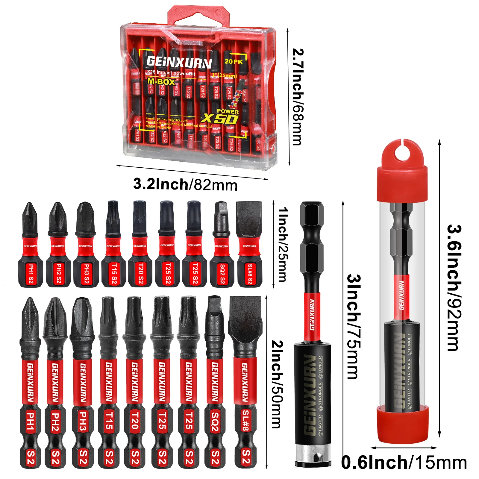 Geinxurn Impact Screwdriver Bits Set, Magnetic S2 Steel Multi Power Bits with Storage M-Box