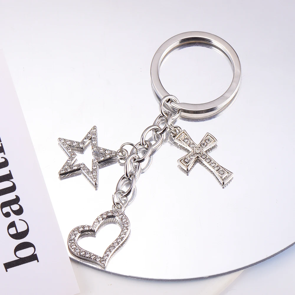 New Y2K Shiny Rhinestone Star Heart Cross Pendants Keyring For Women Girls Birthday Friendship Party DIY Keychain Jewelry Gifts