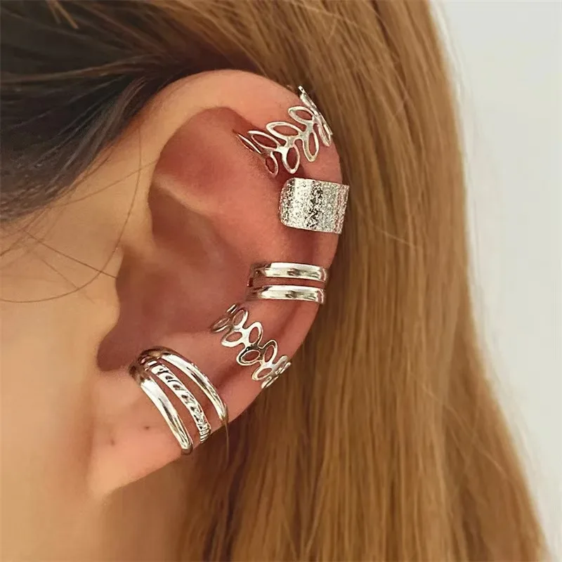 Creative minimalist no-piercing cartilage clip 5-piece set, featuring leaf hollow design, multi-layered C-shaped ear cuffs.