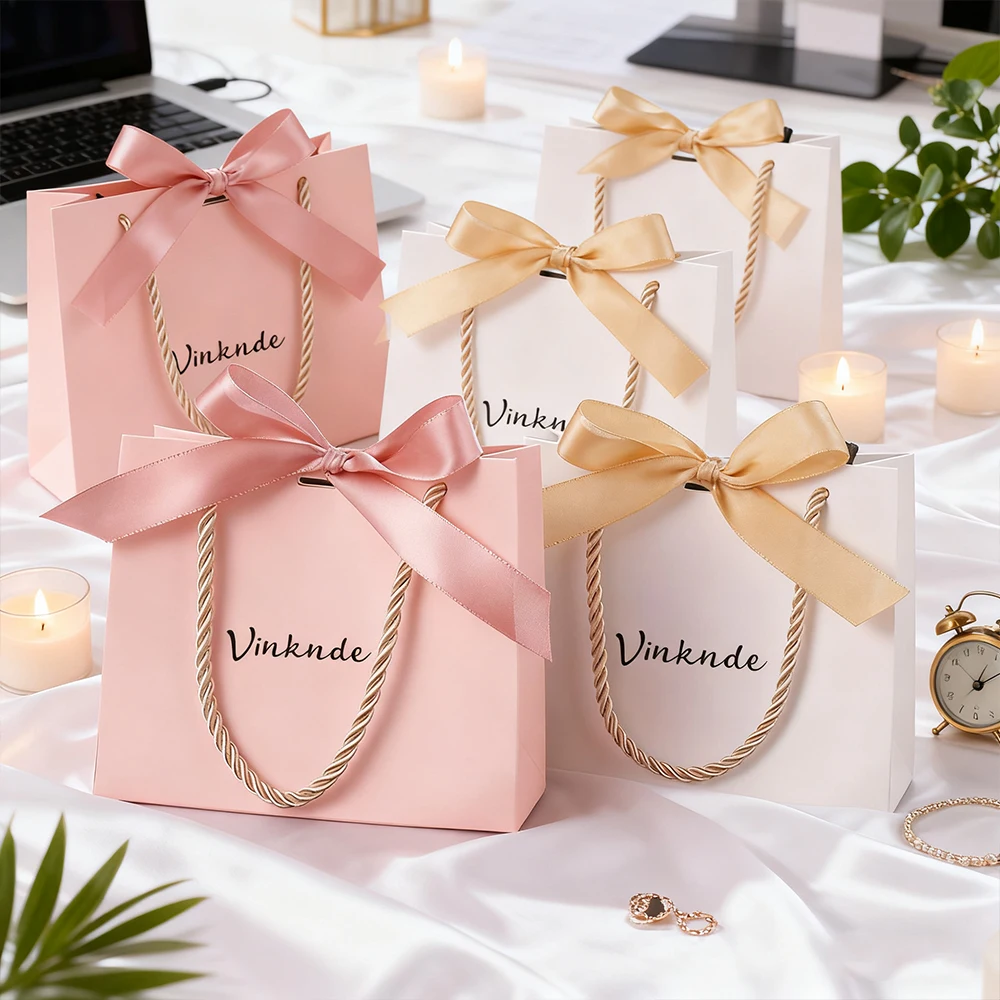 

Подарочные пакеты с логотипом на заказ и ручками, бумажная вечеринка, сумочка с бантом, лента, упаковка для ювелирных изделий, подарок на день рождения, свадьбу, выпускной, упаковка