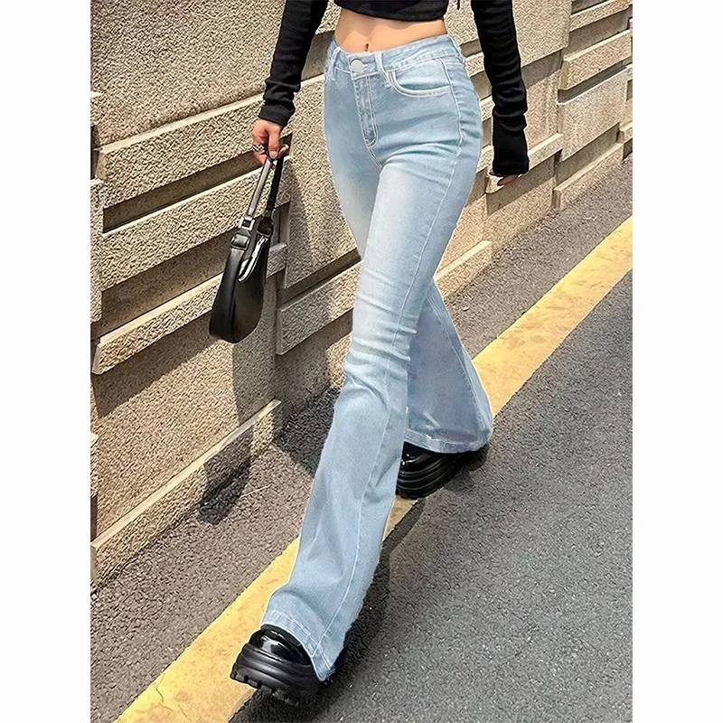 

Female High Waist Leisure Daily Flared Jeans Girls High Street Baggy Stretchy Denim Pants Lady Chic Solid Bell Bottoms Trousers