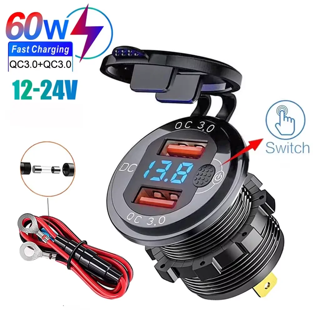 Podwójna ładowarka samochodowa Qc3.0 Gniazdo zapalniczki Wodoodporne szybkie ładowanie USB z przełącznikiem woltomierza Adapter szybkiego ładowania 12/24 V