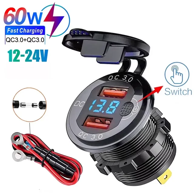 Podwójna ładowarka samochodowa Qc3.0 Gniazdo zapalniczki Wodoodporne szybkie ładowanie USB z przełącznikiem woltomierza Adapter szybkiego ładowania 12/24 V