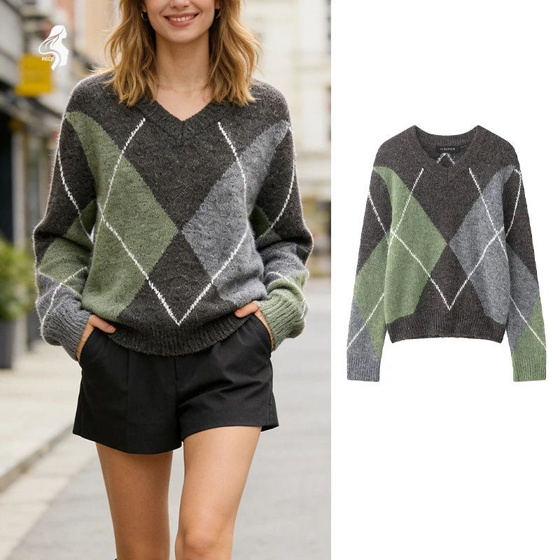 Женский трехцветный вязаный свитер с ромбовидным узором, белый полосатый свитер с круглым вырезом и длинными рукавами, повседневная универсальная модная верхняя женская одежда