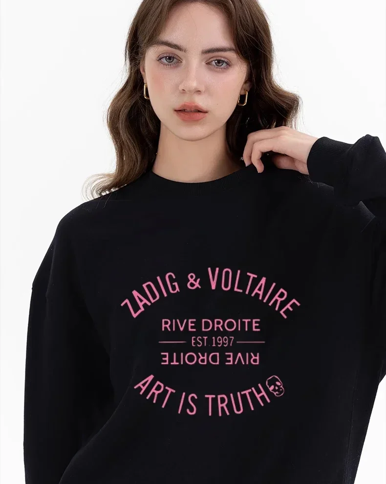 2025 Winter New French Niche Voltaire Zadigs Pullover Printed Oversized Casual Women's  Hoodie Sportswear Clothing Tops