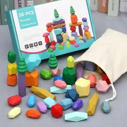 Wooden Rainbow Stones Building Blocks Colorful Wood Block Stacker Balancing Games Montessori Educational Toys For Children Gifts