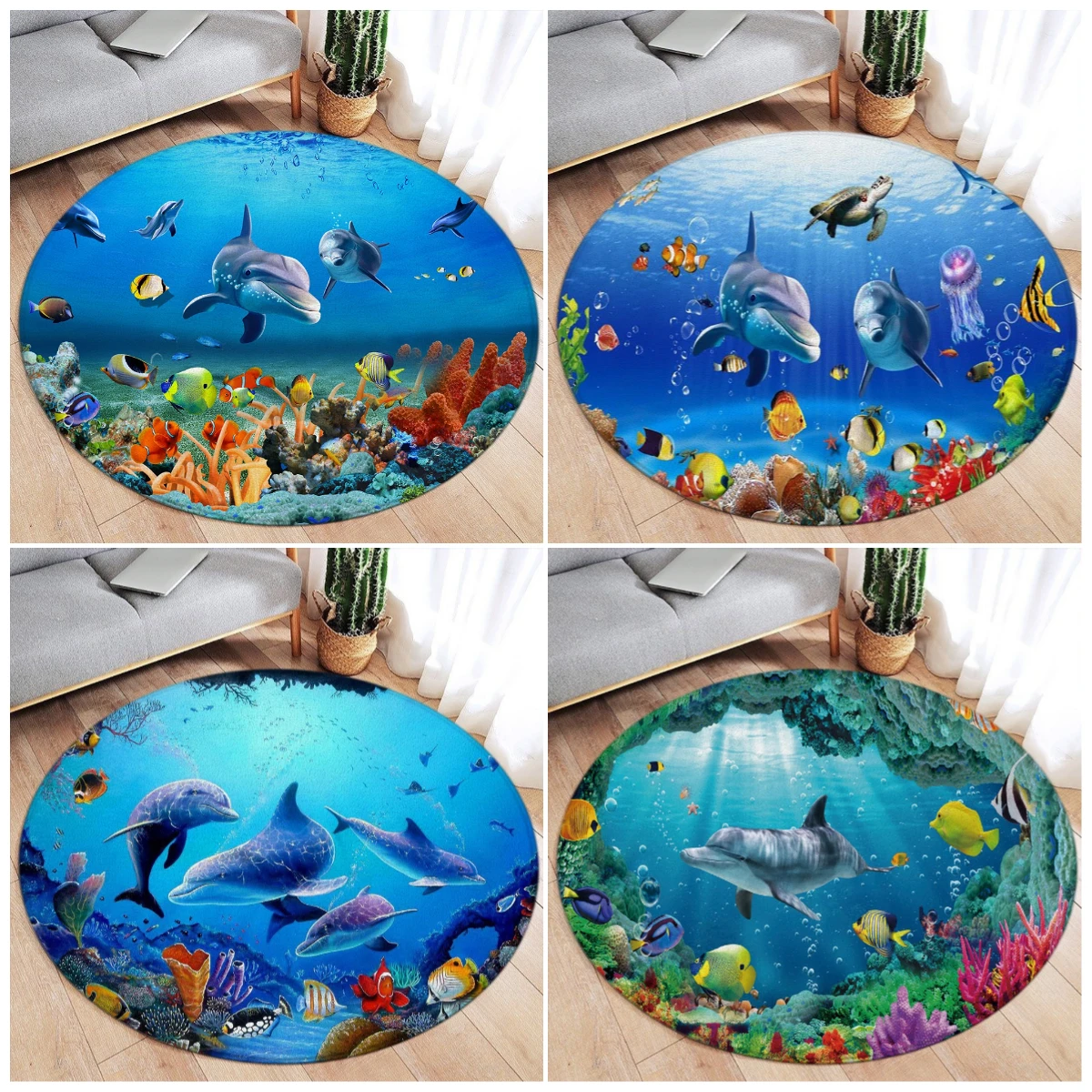 Funny Dolphin Round Carpet Cartoon Ocean Animal Fish Sea Turtle Underwater Cave Scenery Home Living Room Bedroom Decor Floor Rug