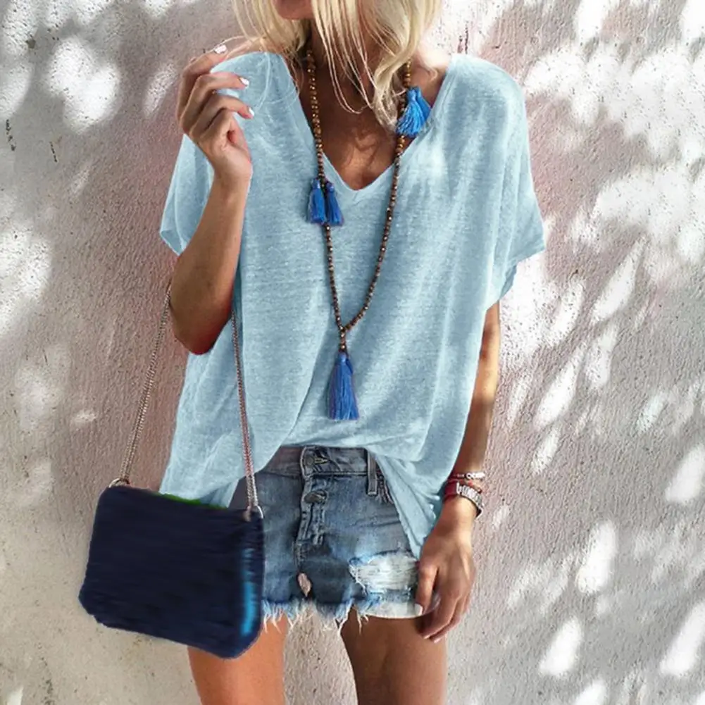 

Solid Color Women T-shirt Women T-shirt Stylish Women's V-neck Tee Shirt for Summer Casual Wear Loose Fit Solid Color for Daily