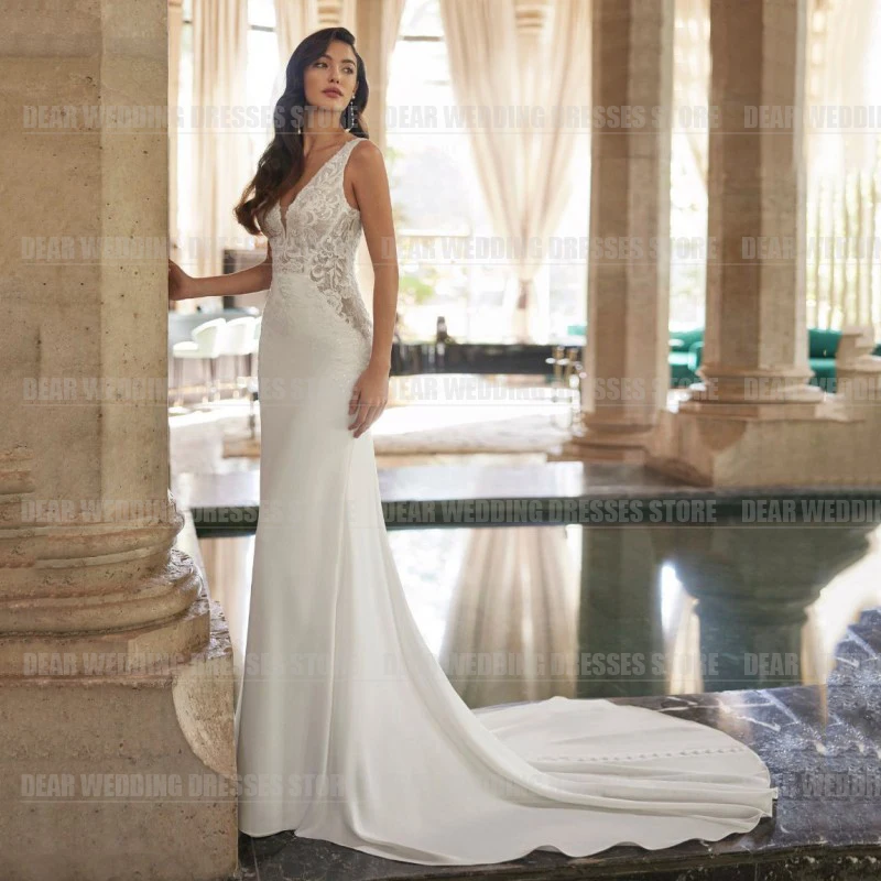 Vestidos de novia de lujo con cuello en V, apliques de encaje de sirena sin mangas, satén Sexy, tren de barrido, vestidos de novia formales elegantes de princesa