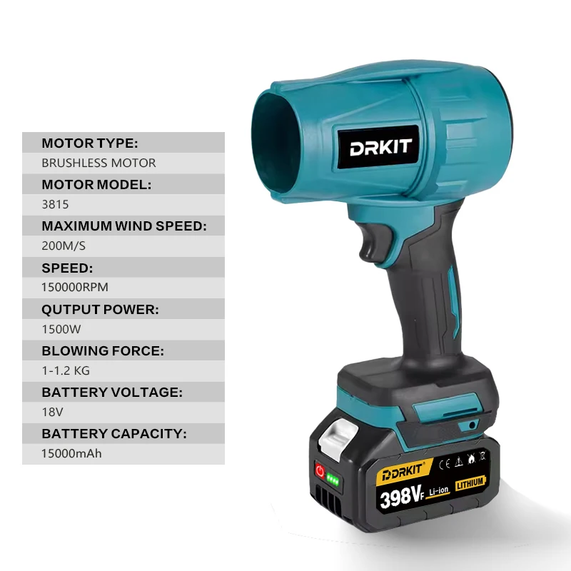 DRKIT-soplador de aire eléctrico inalámbrico sin escobillas, 1500W, Turbo Jet, herramienta de eliminación de polvo y nieve para batería Makita de 18V