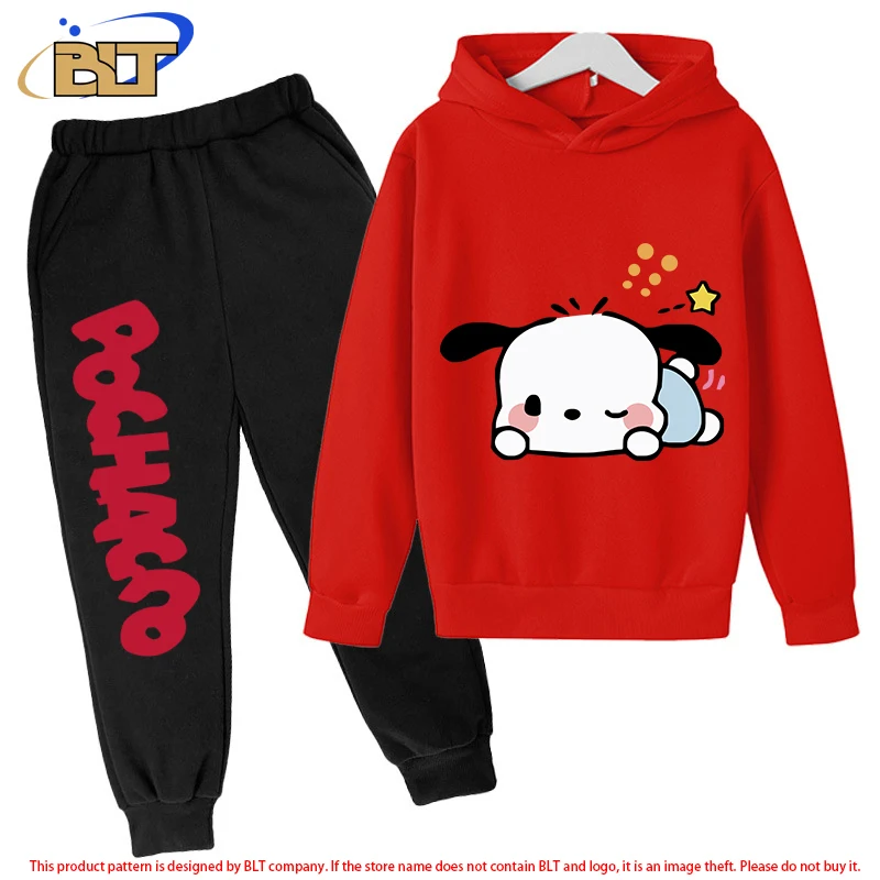 Pochacco-Ensemble sweat à capuche et pantalon en peluche pour enfants, sweat-shirt de sport rouge, adapté aux garçons et aux filles, ensemble 2 pièces