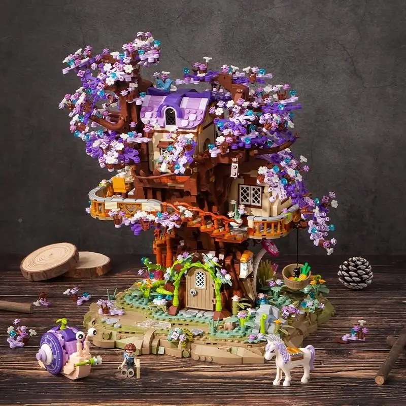 LOZ 1065 Mini EIf Tree House Purple Luminous Building Blocks DIY Street View Cherry Blossom Brick Set Toys For Christmas Gift