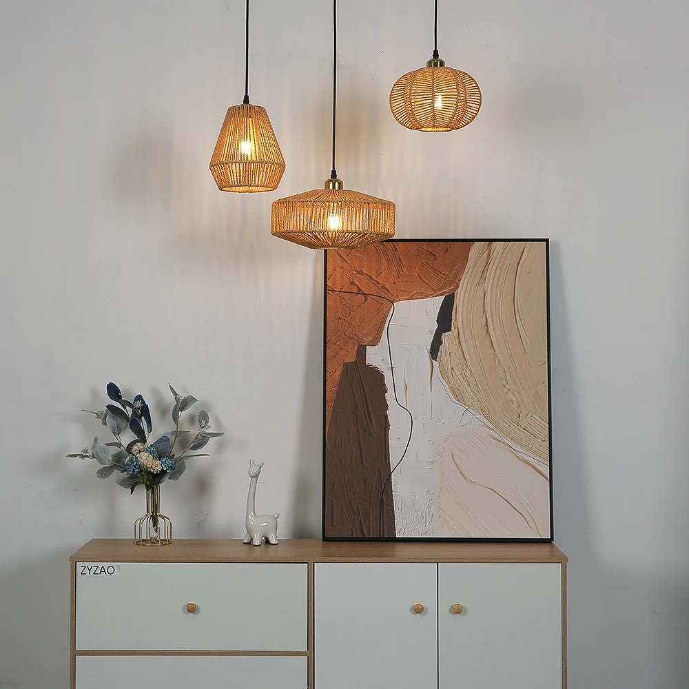 Rattan Paper hemp Pendant Light Fixtures Vintage Farmhouse E27 Hand Woven Hemp Rope Hanging lamp Straw hat Pendant Lamp decor