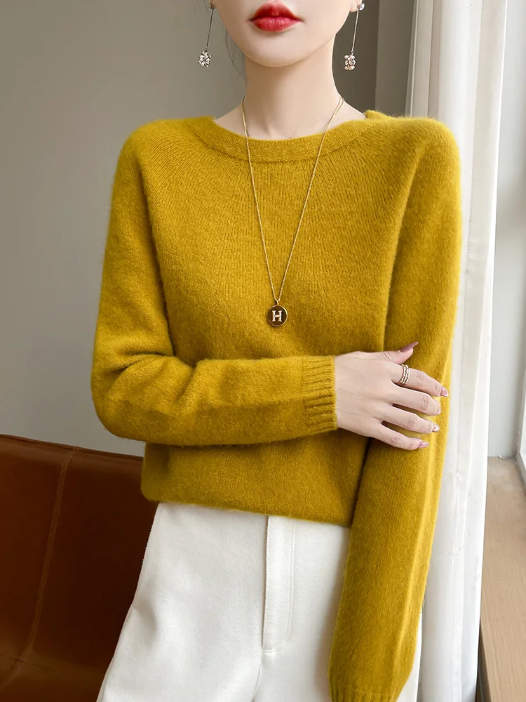 New Women's Top Merino Wool Crew Neck Knit Sweater Solid Color Soft Long-Sleeve Pullover Warm Knit Pullover 2
