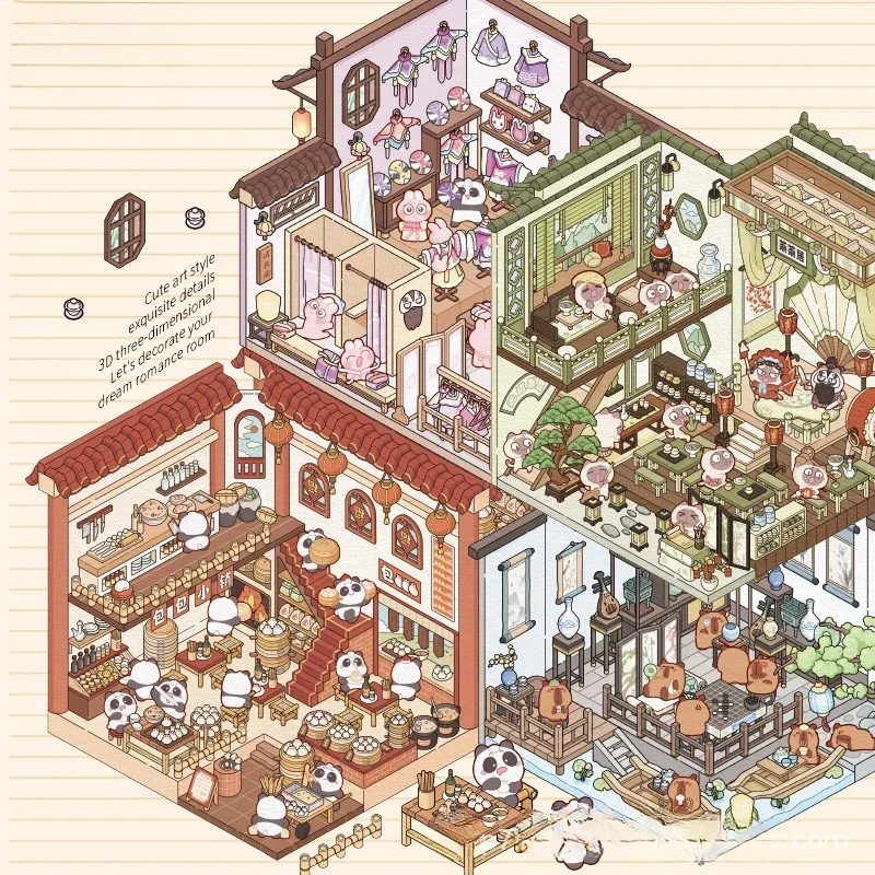 Chinese Style 3D Landscaping Stickers Cartoon Cabin Scene Visual Stacking Stickers DIY 3D Sticker Festival Gift For Ren