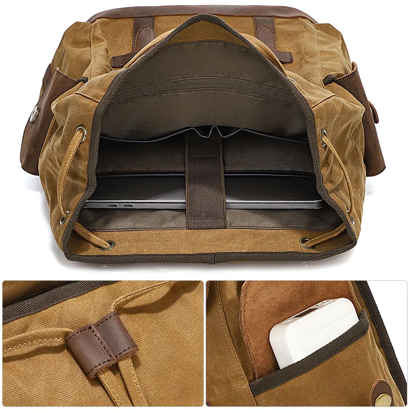 Duży plecak z woskowanej tkaniny płóciennej dla mężczyzn, brązowe skórzane wykończenia, zamykany na sznurek i klamrę, torba podróżna na zewnątrz, podwójne ramię.