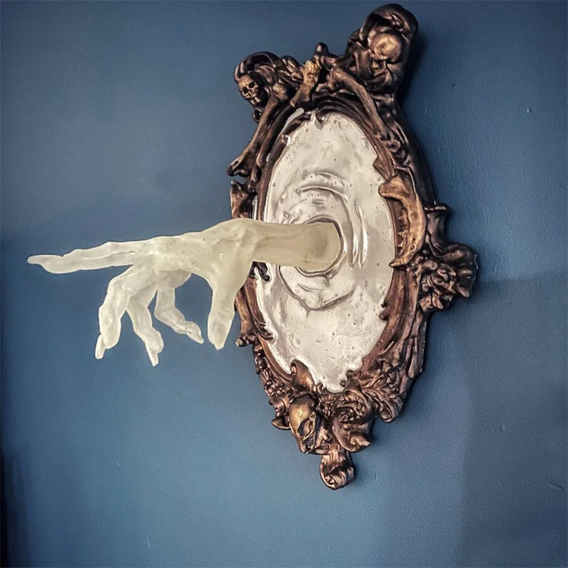 Halloween Ghost in The Mirror Wall Sculpture Horror Devil's Hand Luminous Resin Crafts Statue Creative Home Photo Frame