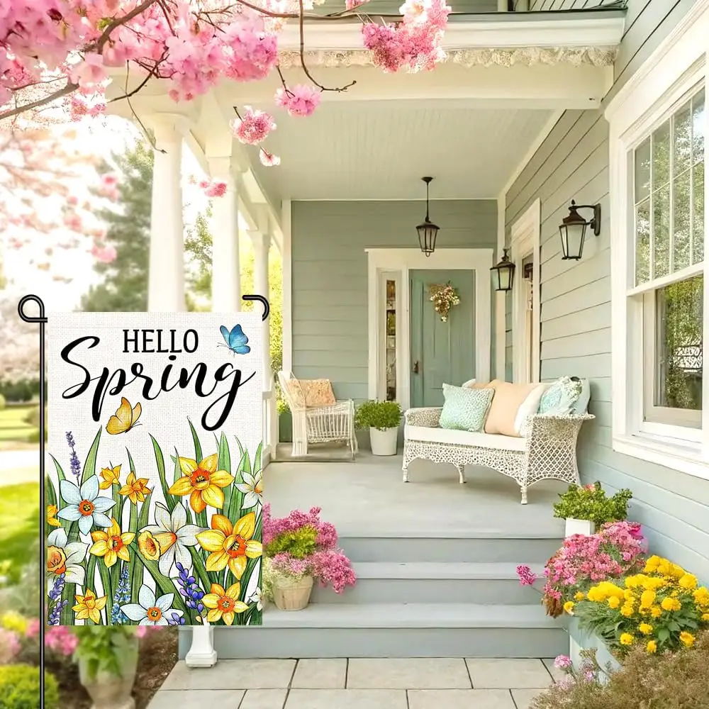 Hello Spring Garden Flag 12x18 Inch Small, Daffodil Flower Floral Burlap Yard Flag Double Sided Spring Outdoor Porch Patio W ZZM