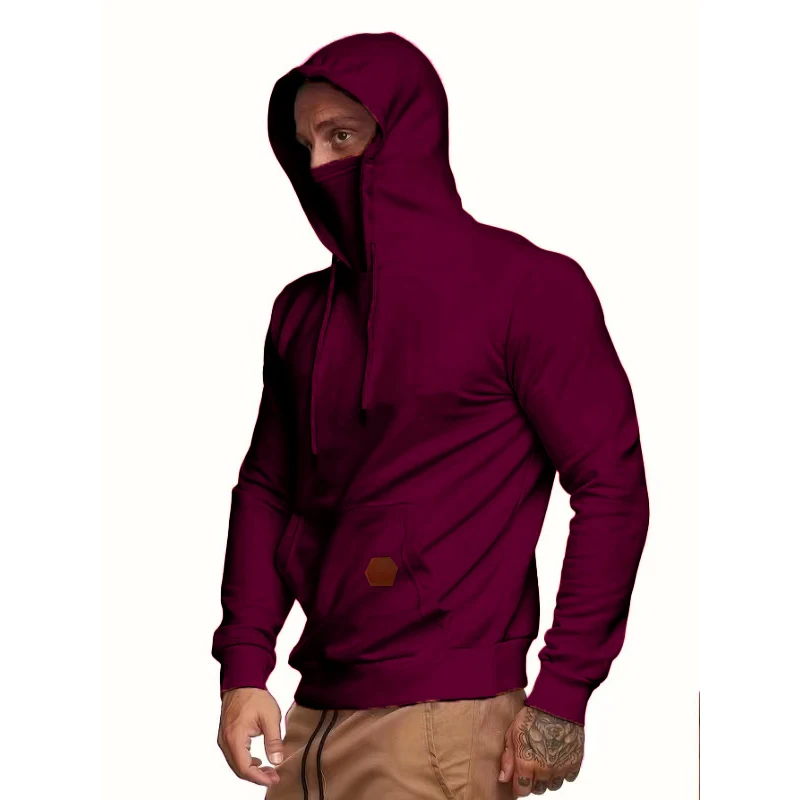 Men Casual Long Sleeve Streetwear Hip Hop Hoodie Solid Color Drawstring Hooded Sweatshirts Ninja Mask Face Pullover Clothes Tops