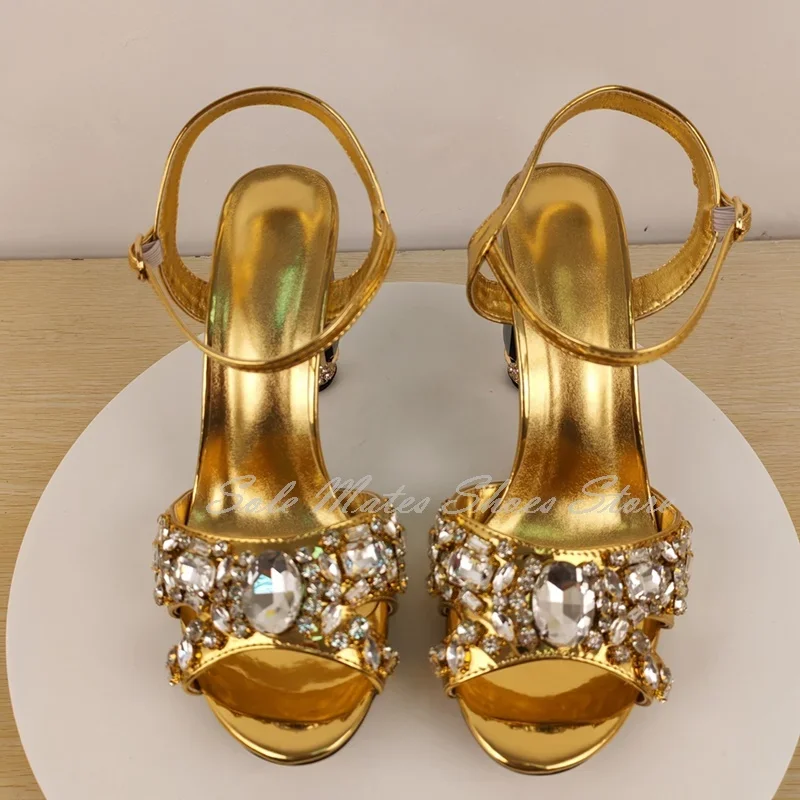Nuovo arrivo strass dorati sandali con tacco alto grosso estate elegante fibbia alla caviglia décolleté con cinturino a T scarpe eleganti da donna per feste