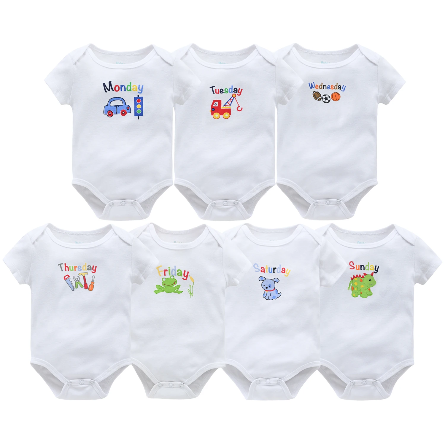Newborn Baby Bodysuit Short Sleeve Summer Weekday Cartoon Animal Vehicle Print Infant Romper Onesie Jumpsuit Boy Girl Clothes
