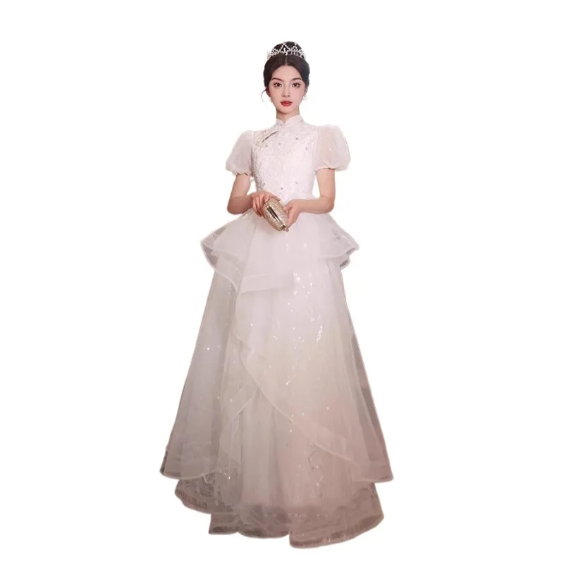 White Evening Dress, Women's 2025 New High-end Engagement and Toasting Outfit, Light Luxury, Niche High-end Host, Chinese Style