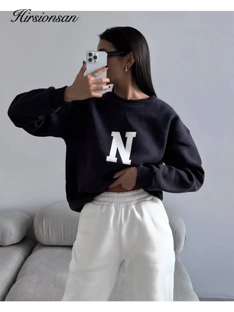히르시온산 O넥 플리스 'N' 레터 인스 스웨트셔츠 여성용 2025 가을 신상품