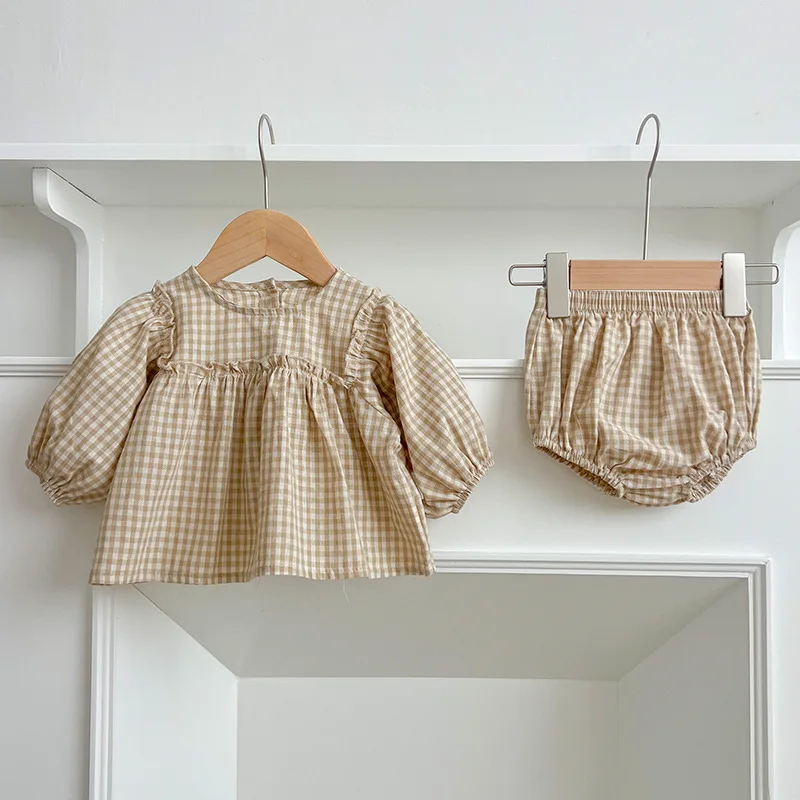 Baby Korean Style Set Long Sleeve Plaid Puff Sleeve Peter Pan Collar Top Triangle Bodysuit Spring Autumn