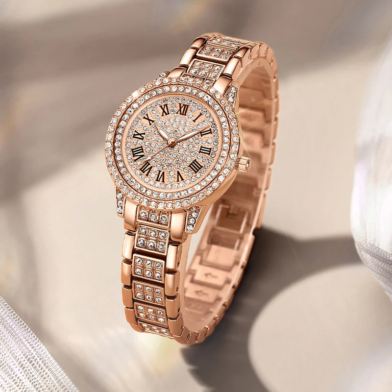 Jam tangan Quartz wanita berlian buatan modis jam tangan wanita elegan tali Stainless Steel skala Roma merek mewah hadiah