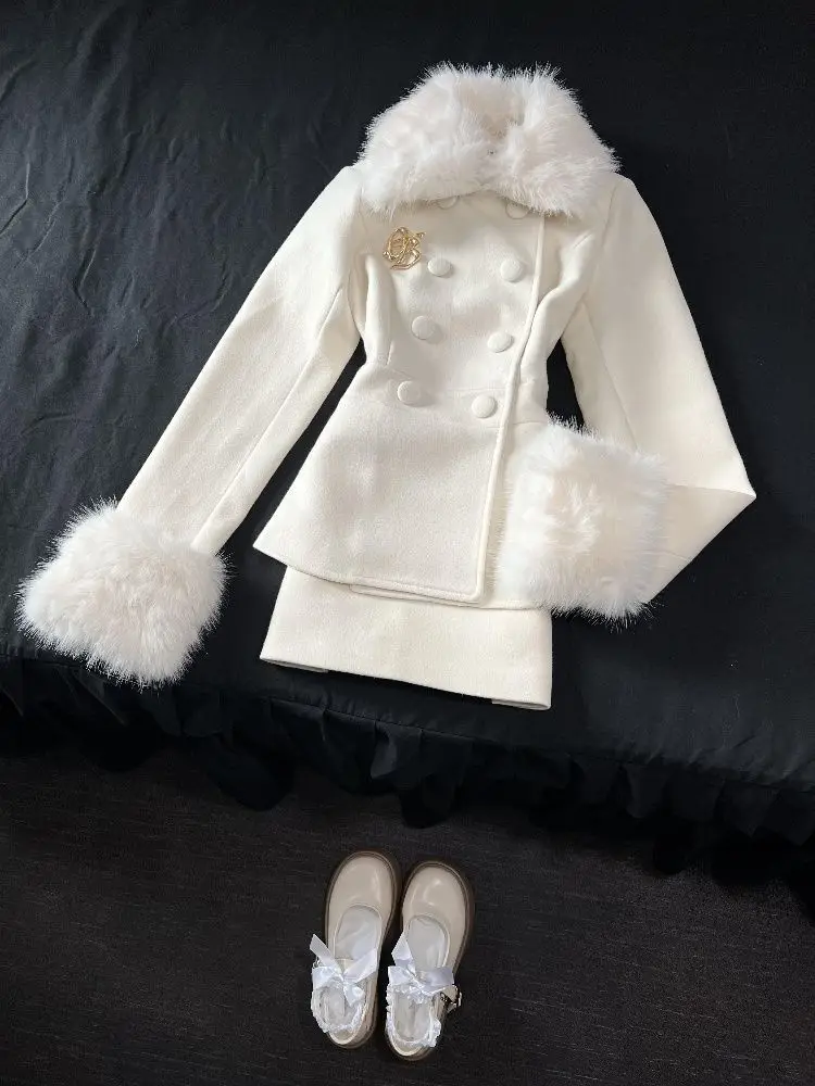 الشتاء الفرنسية أنيقة المرأة مجموعات الكورية أزياء خمر تصميم 2 قطعة مجموعة التخسيس الفراء طوق الدعاوى شيك الزي ملابس امرأة