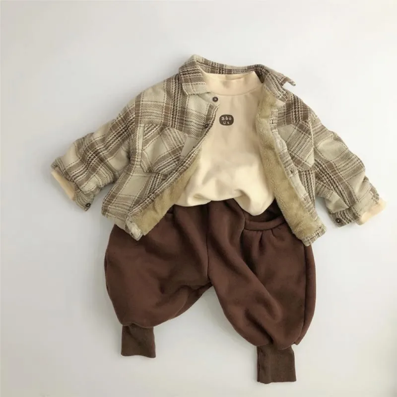 Baby Boy Girl Plaid Cotton Shirt Fleece Inside Infant Toddler Kid Casual Warm Shirt Outwear Long Sleeve Winter Baby Clothes 1-7Y