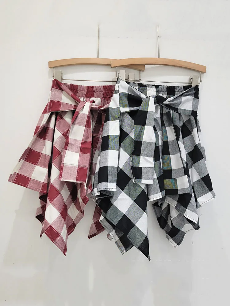 DEAT Fashion New Women\'s Irregular Plaid Bandage Design Mini Skirts 2024 Summer Trendy High Waist A-line Skirt Female 33A1565