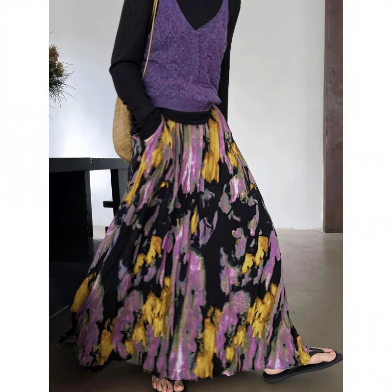 プリーツ加工のレトロな肉感遮蔽ハーフスカート 2025年新作 ファッション スリムプリントロングスカート