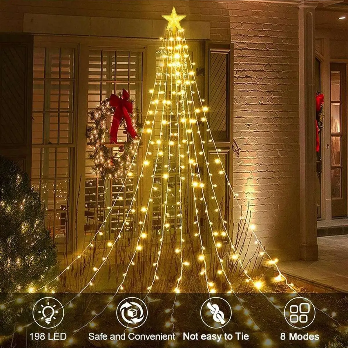 1pc 198 LED Star Waterfall Christmas Lights Solar Powered Fairy Lamp With 8 Lighting Modes Suitable For Home Outdoor Decoration