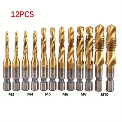 12pcsTitanium Coated HSSTap Drill Bits Set Hex Shank Screw Thread Bit Screw Machine Compound Tapfor Precise Drilling and Tapping