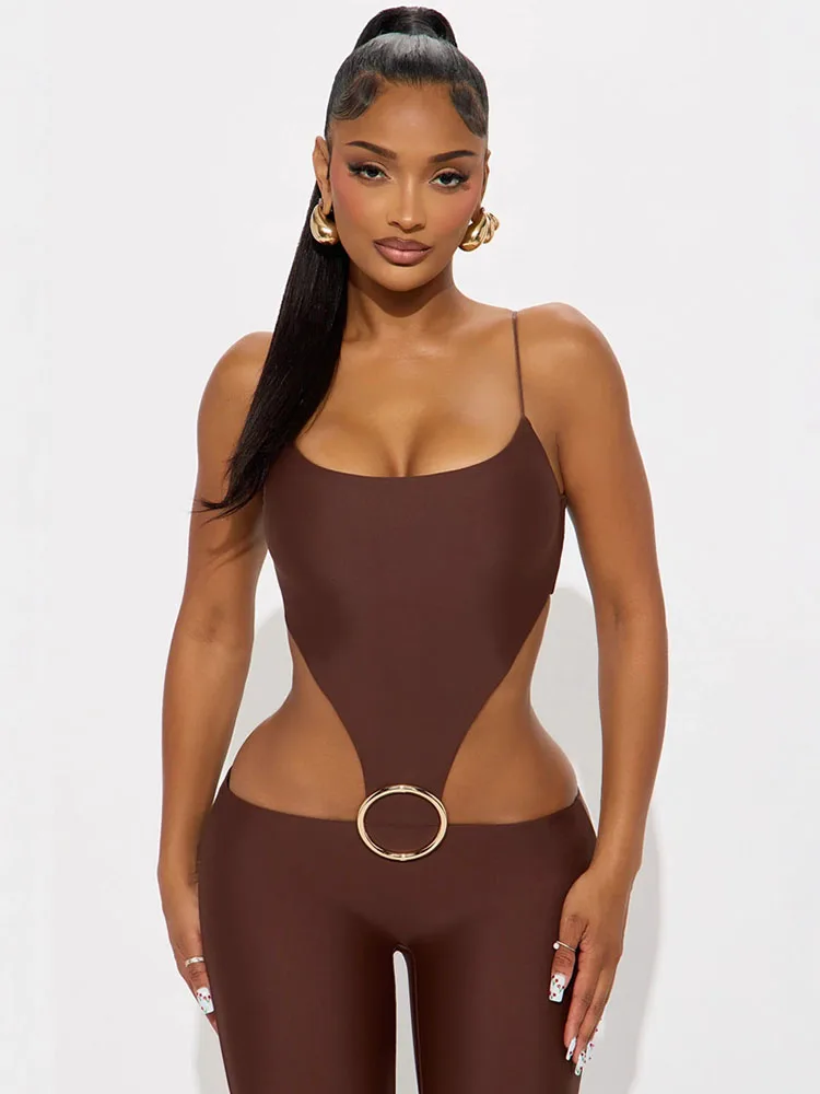 

Doyerl Bandage Bodycon Romper Woman Jumpsuits Fancy Club Spaghetti Strap Hollow Out Metal Ring One Piece Jumpsuit Combinaison